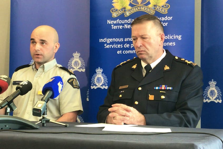 RCMP Sgt. Troy Bennett (left), a member of the Qalipu First Nation, sits with Assistant Commissioner Ches Parsons, commanding officer of the RCMP in N.L., at a media conference at RCMP headquarters in St. John’s Friday morning. The RCMP invited reporters to learn about and see a newly-built sweat lodge on the grounds of the building, which the officers say is for public use, as approved by local indigenous leaders.
