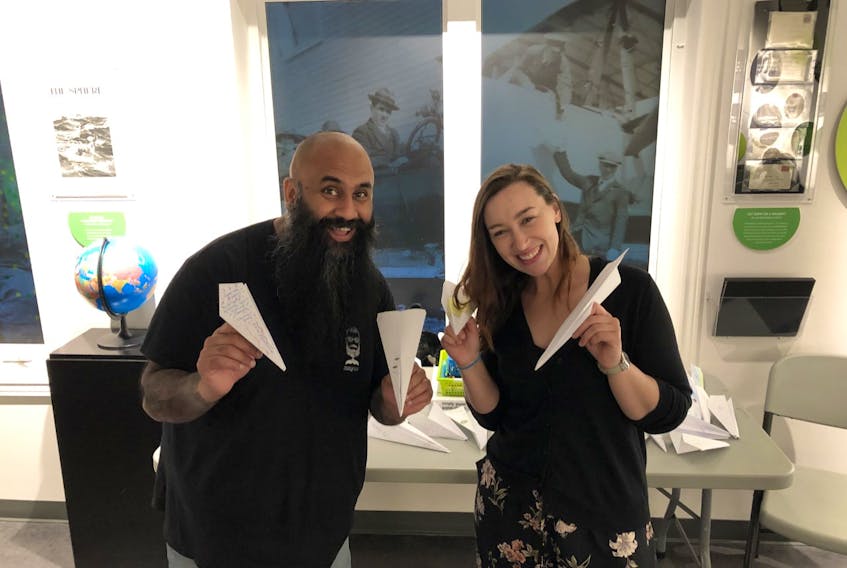 Hasan Hai, creator of Project Kindness, and Samantha Gaulton, marketing & communications co-ordinator at Admiralty House Communications Museum, pose with paper planes that will soon take flight to North Scotland.
Submitted by Samantha Gaulton