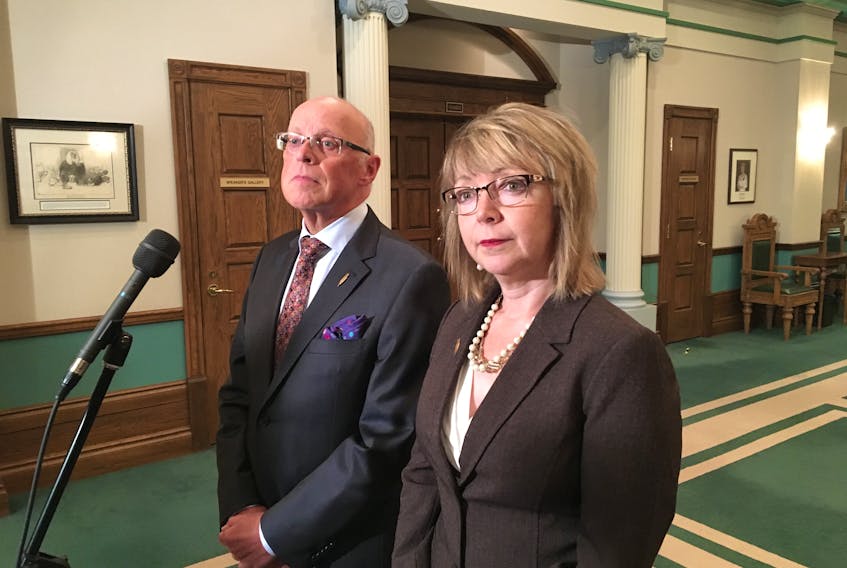John Haggie, Minister of Health and Community Services, and Lisa Dempster, Minister of Children, Seniors and Social Development, speak to reporters about the seniors’ advocate’s report, highlighting systematic issues that impact seniors in our province.