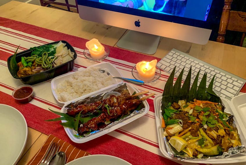 Sinaing’s Filipino dishes at home (from left) are: the Kare-Kare stew, Filipino Pork Barbeque skewers and the ever-popular Pancit noodles with chicken.