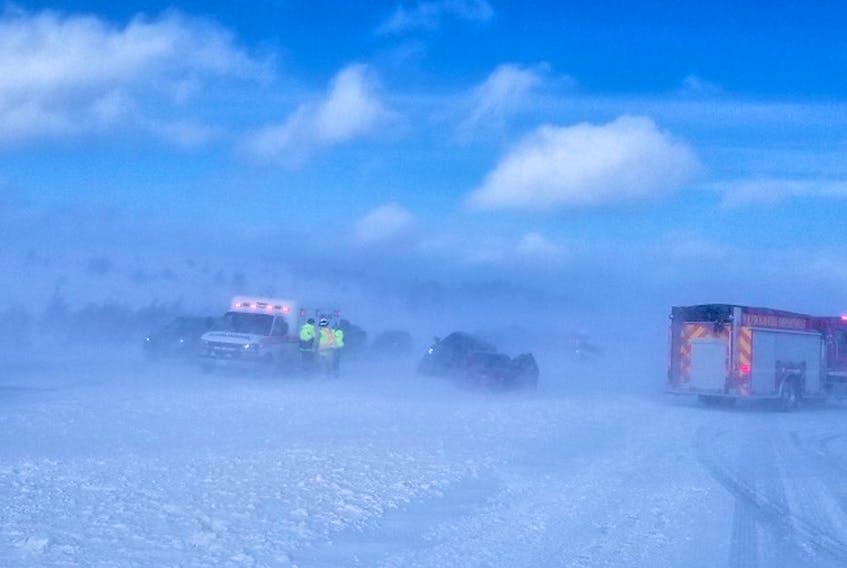 Multiple accidents occurring during whiteout conditions kept emergency personnel busy on a stretch of the Trans Canada Highway between the Witless Bay Line and Butter Pot Park today. — RCMP handout