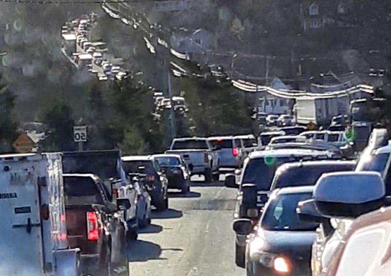 The traffic jam Thursday afternoon in Holyrood caused by a detour off the Trans Canada Highway due to infrastructure work. CONTRIBUTED PHOTO BY SHAWN VERGE