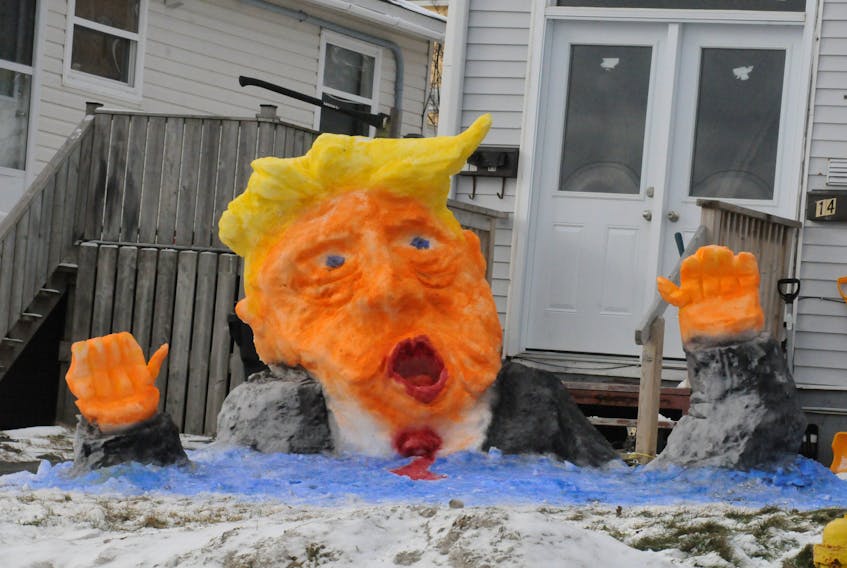 On the day when Joe Biden became the 46th. president of the United States, James Keating and his son Ashton built a snow sculpture of outgoing U.S. president Donald Trump on the front lawn of their Canada Drive home in St. John's.