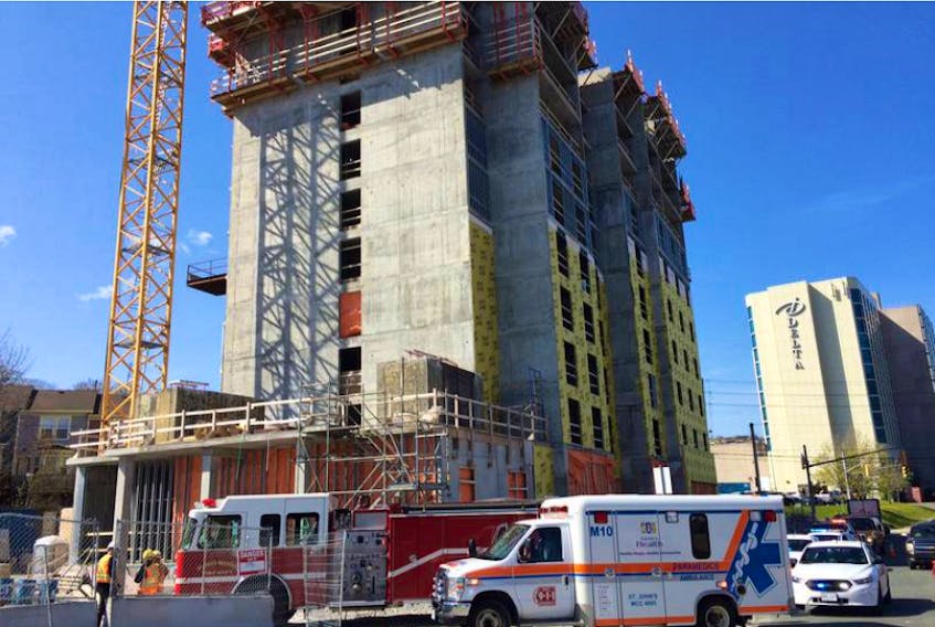 The scene of a May 2018 fatal workplace accident on the corner of Springdale Street and New Gower Street in St. John’s. It was announced Monday that the construction companies, and a supervisor, have been charged. Telegram file photo