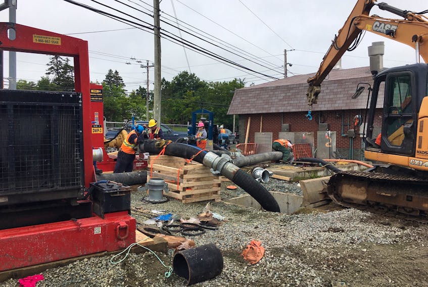 Crews are working long days and nights to keep levels down at the sanitary sewer lift station at the corner of St. Thomas Line and Topsail Road in Paradise which is costing the town’s taxpayers thousands each day.