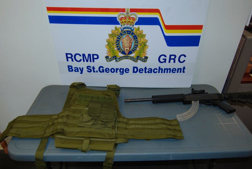 Body armour and firearm seized in Stephenville on Tuesday afternoon. Zachary Alexander, 25, of Stephenville is facing multiple firearms-related charges. CONTRIBUTED PHOTO