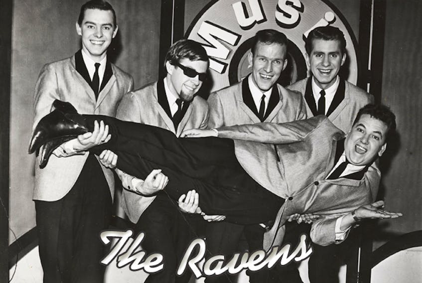 Ravens skylarking on the set of CBC TV’s “Music Hop.” (Back row, from left) Don Oakley, Darroch (Rocky) Wiseman, Jim Hennessey, Rod French. (Front) Paul Rumsey. Original photographer unknown. Photo enhanced by Wayne Sturge