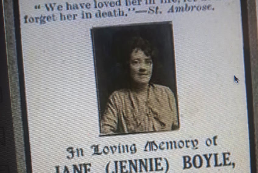 An in memoriam card for Jane Boyle. —