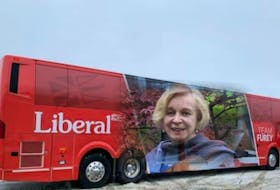Don’t believe everything you see. This is not a real photo. Dame Moya Greene’s image does not appear on the Liberals’ election bus. —