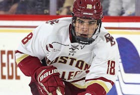 After having only arrived in Red Deer, Alta., last week, Boston College forward and Colorado Avalanche first-round draft pick Alex Newhook of St. John's will need to complete a quarantine before becoming a full participant in Canada's world junior hockey selection camp. — Fiel photo/Boston College Eagle/Hockey East