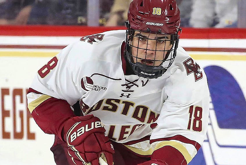 After having only arrived in Red Deer, Alta., last week, Boston College forward and Colorado Avalanche first-round draft pick Alex Newhook of St. John's will need to complete a quarantine before becoming a full participant in Canada's world junior hockey selection camp. — Fiel photo/Boston College Eagle/Hockey East