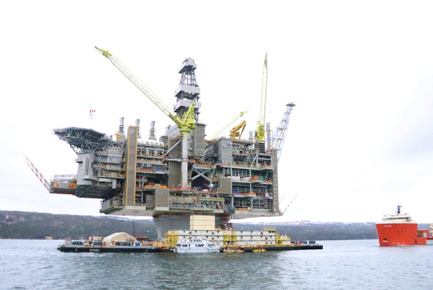 The Hebron platform, in April 2017, prior to tow-out from the Bull Arm fabrication site.