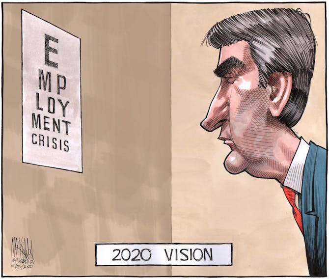 Bruce MacKinnon cartoon for Jan. 3, 2020. Stephen McNeil, premier of Nova Scotia, employment crisis, Northern Pulp, 2020.