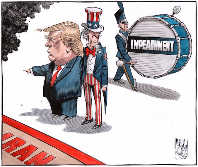 Bruce MacKinnon's editorial cartoon for Jan. 15, 2020. President Donald Trump, impeachment, nancy pelosi, chuck schumer, mitch mcconnell, iran, accidentally shot down, commercial airliner, united states senate, uncle sam.