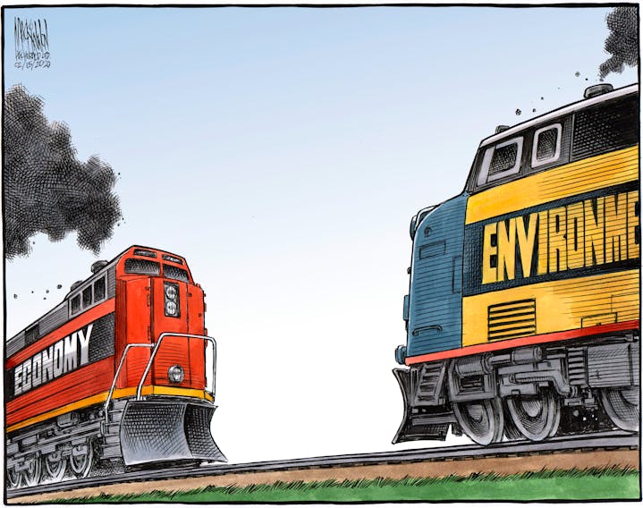 Bruce MacKinnon's editorial cartoon for Feb. 15, 2020. CN rail, rail shutdown, shut down, protests, environmental groups, environment, first nations, Eastern Canada, business, commerce, transport.