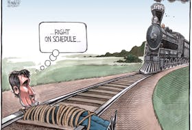 Bruce MacKinnon's editorial cartoon for FEb. 21, 2020. VIA rail, CN rail, layoffs, rail yard, protests, blockade, Wet'suwet'en Nation, climate activists.