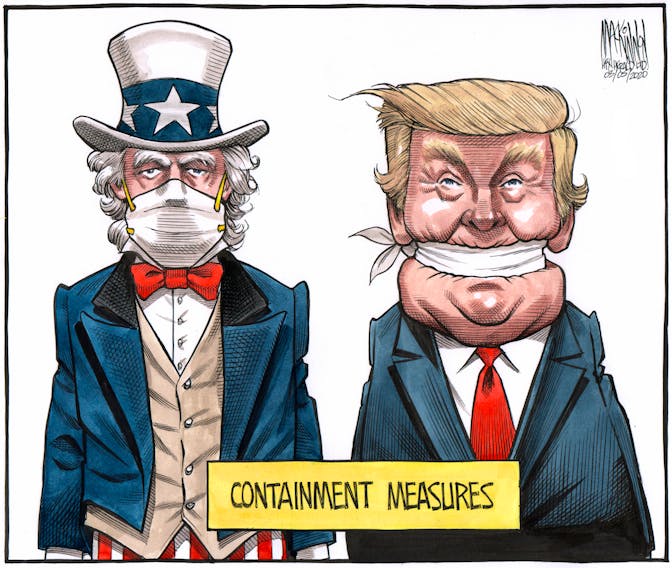 Bruce MacKinnon's editorial cartoon for March 5, 2020. Donald Trump, U.S. president, united states, coronavirus, WHO, world health organization, containment, quarantine.