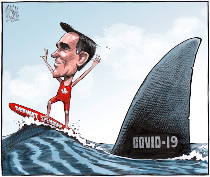 Bruce MacKinnon's editorial cartoon for March 6, 2020. Bill Morneau, deficit spending, coronavirus, bank of canada, covid-19.