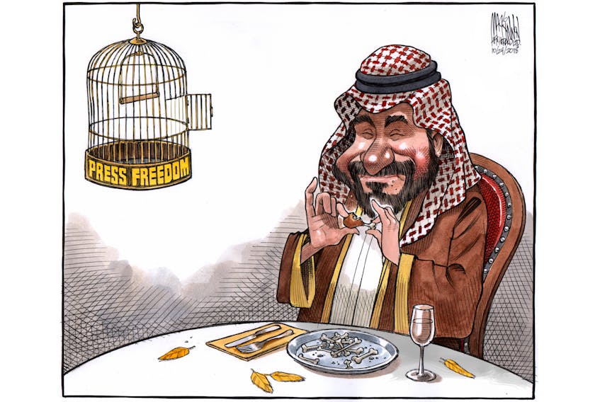 Bruce MacKinnon's cartoon of Saudi Arabia's crown prince Mohammad bin Salman captured second place in the World Press Freedom Awards.