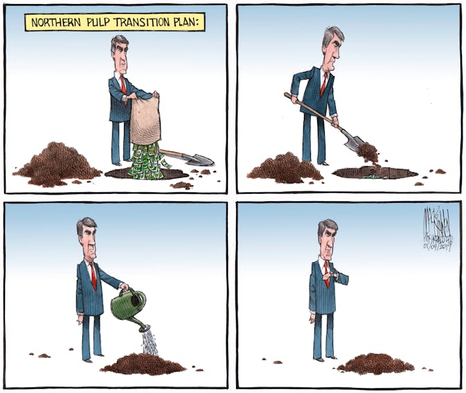 Bruce MacKinnon's editorial cartoon for Jan. 9, 2020. Northern Pulp, Nova Scotia, Pictou County, effluent, mill shutdown, Premier, Stephen McNeil, boat harbour, forestry, softwood lumber, pulp.