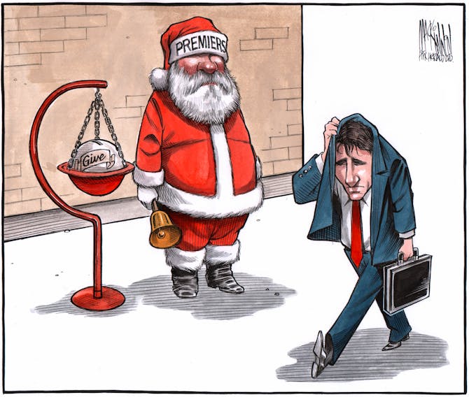 Bruce MacKinnon's editorial cartoon for Dec. 4, 2019. Premiers meeting, Ottawa, Prime Minister Justin Trudeau, Atlantic premiers, Health care, healthcare, oil, petroleum.