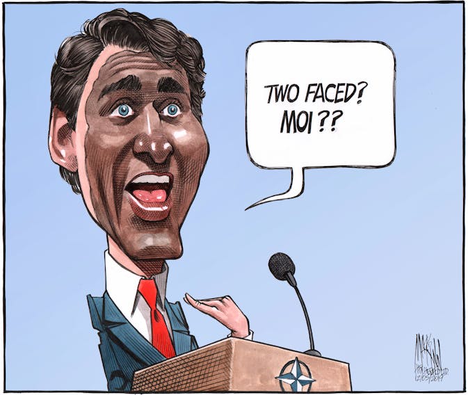 Bruce MacKinnon's editorial cartoon for Dec. 5, 2019. Prime Minister Justin Trudeau, blackface, scandal, Donald Trump, G&, two-faced.