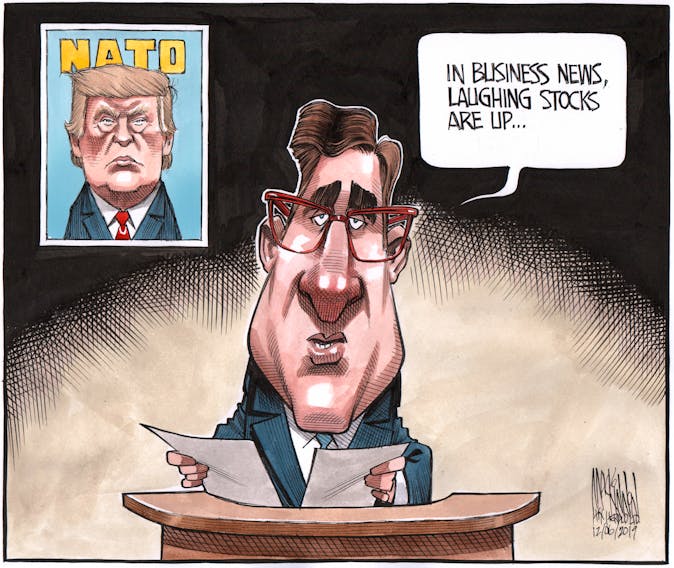 Bruce MacKinnon's editorial cartoon for Dec. 6, 2019. President Donald Trump, United States, U.S., NATO, NATO summit, Justin Trudeau, two-faced.