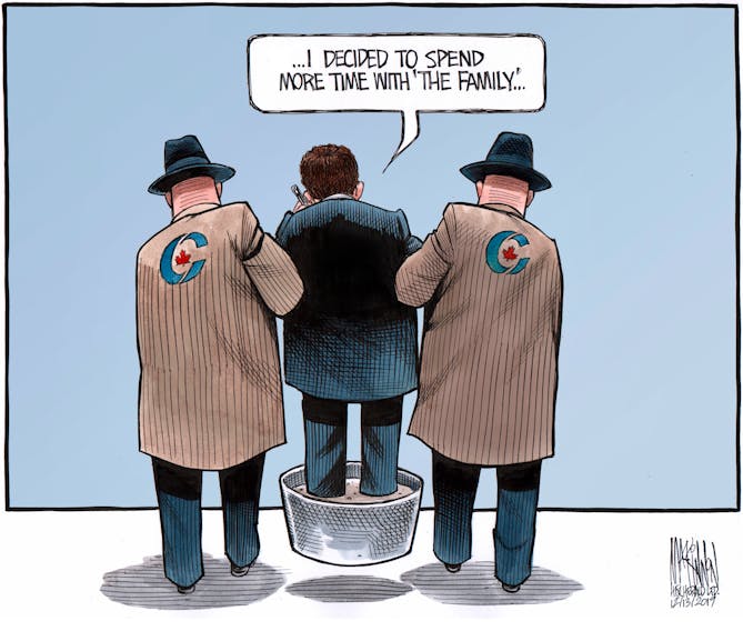 Bruce MacKinnon's editorial cartoon for Dec. 13, 2019. Andrew Scheer, Conservative leader, resignation, party funds, family.