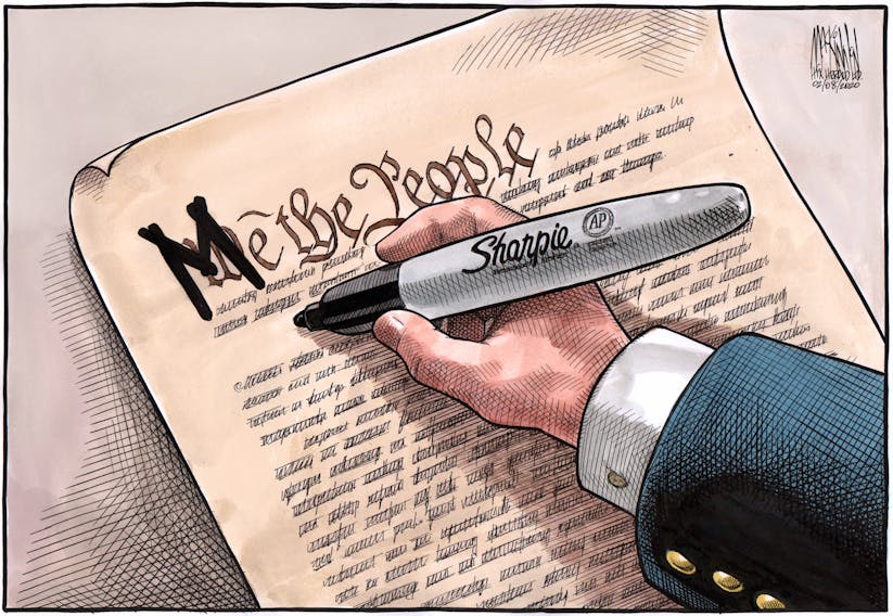 Bruce MacKinnon's editorial cartoon for FEb. 8, 2020. President Donald Trump, United States Constitution, U.S., US, impeachment, acquittal, legal battle, presidential powers, office of the president of the united states.