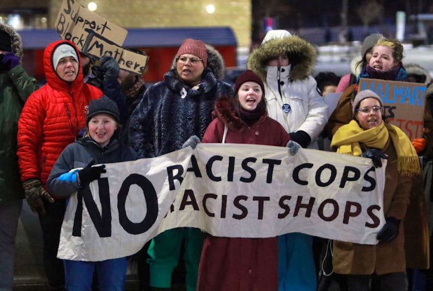 Halifax Regional Police has a history of discriminating against Black people. In 2020 people protest the violent arrest of a Black woman, Santina Rao, who was falsely accused of shoplifting at a Walmart in Halifax.