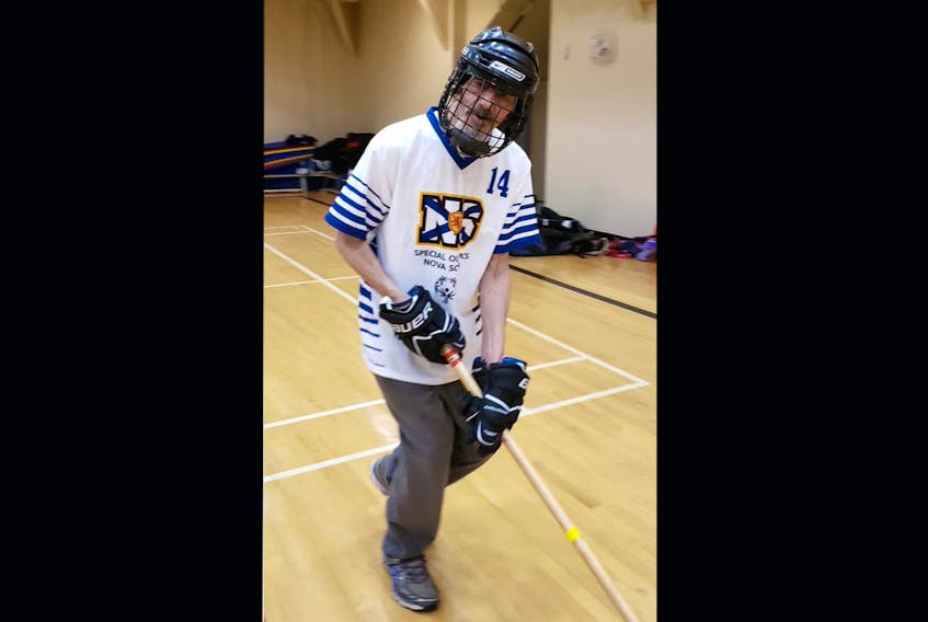 Richard Myette, 70, a resident of Breton Ability Centre and a member of the Special Olympics Nova Scotia floor hockey team, during a recent game of floor hockey. Myette says he has been playing floor hockey more than 20 years and describes it as, ‘a good winter sport.’