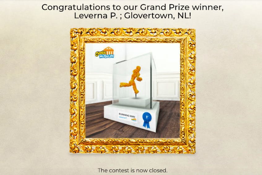 Leverna Parsons of Glovertown won $25,000 for finding a Cheeto shaped like a running man. - www.cheetosmuseum.ca