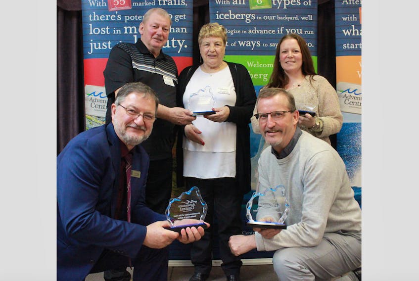 Winners of the 2018 Bergy Winners, presented May 8 in Gander during Adventure Central Newfoundland’s annual general meeting, were (back, from left) Eastport Deputy Mayor Bill Duffitt and Sandy Cove Mayor Julia Whelan, accepting the Municipalities Tourism Champion of the Year Bergy Award; Crystal Anstey of Experience Twillingate, winner of the Tourism Experience of the Year Bergy Award; (front, from left) Calvin Wagg, accepting the Accommodator of the Year Bergy Award on behalf of Quality Hotel and Suites; and Randy Edison, accepting the Tourism Ambassador of the Year Bergy Award on behalf of Fred Parsons. - Photo courtesy Adventure Central Newfoundland