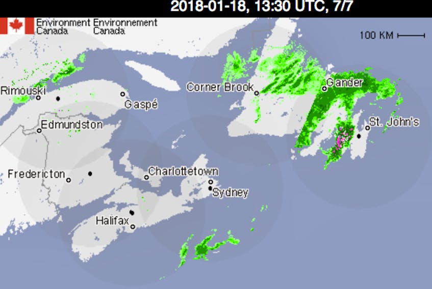 Central Newfoundland is receiving some snow today.