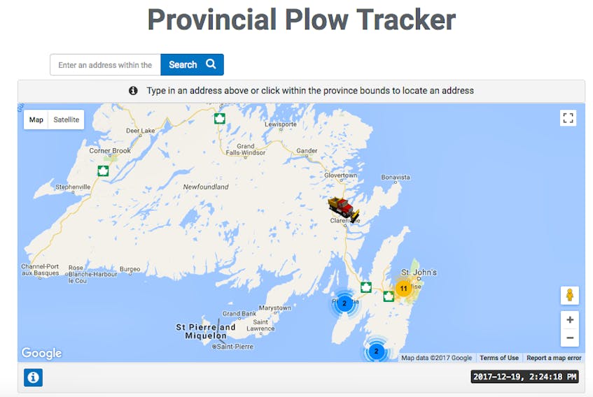 With the new Provincial Plow Tracker service, residents of the province can now see where snow clearing equipment is presently located and where it has recently been. The service is available only on the Avalon Peninsula and routes with overnight snow clearing for now, but there are plans to expand it to additional depots throughout the province this winter. - www.roads.gov.nl.ca