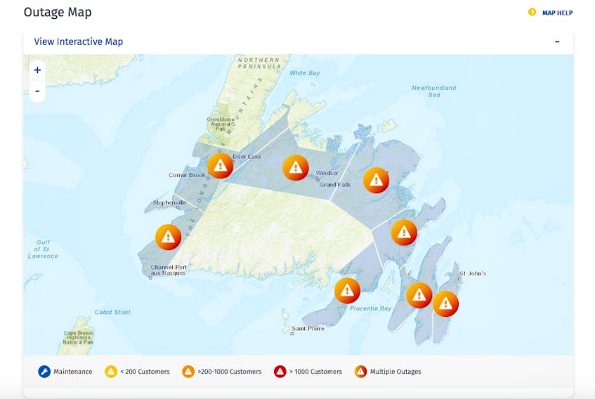 Newfoundland Power is reporting outages across a large portion of the island of Newfoundland today, May 22. - Newfoundland Power
