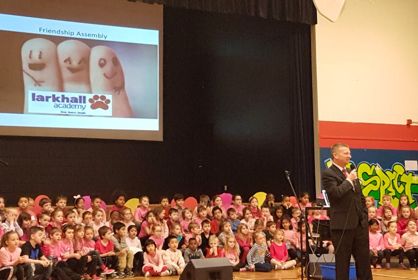 Education and Early Childhood Development Minister Dale Kirby addresses students gathered for a friendship assembly at Larkhall Academy in St. John’s on Wedenesday, Feb. 28. It was Pink Shirt Day in Newfoundland and Labrador, an international movement that raises awareness of bullying. - @LarkhallAcademy (Twitter)