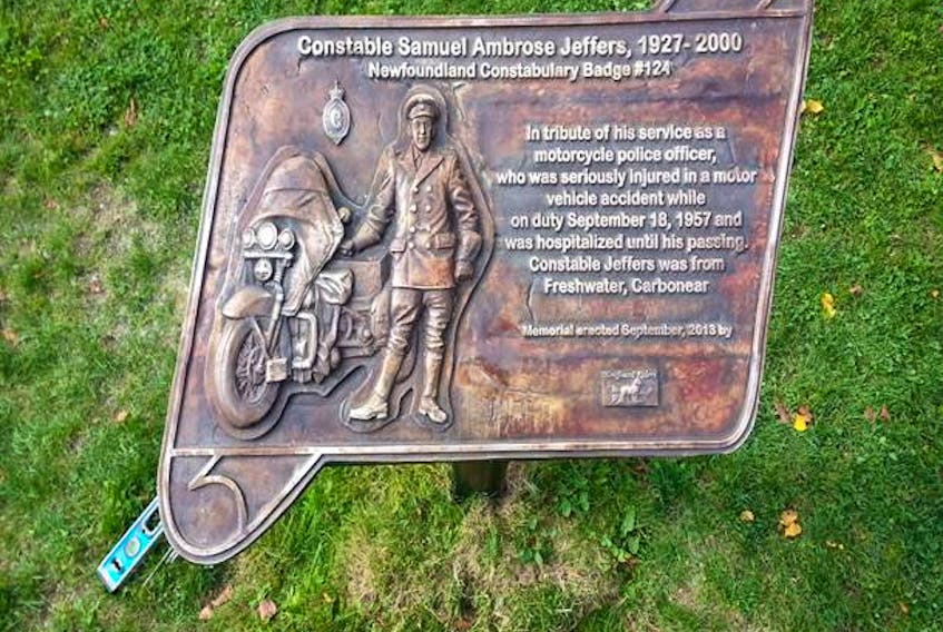 The memorial plaque dedicated to Const. Sam Jeffers on the grounds of the Conception Bay Regional Community Centre, Carbonear.