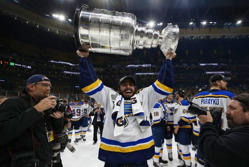 St. Louis Blues left-winger Samuel Blais hoists the Stanley Cup after the Blues defeated the Boston Bruins in Game 7 of the Stanley Cup Final at the TD Garden. (Winslow Townson/USA TODAY Sports)