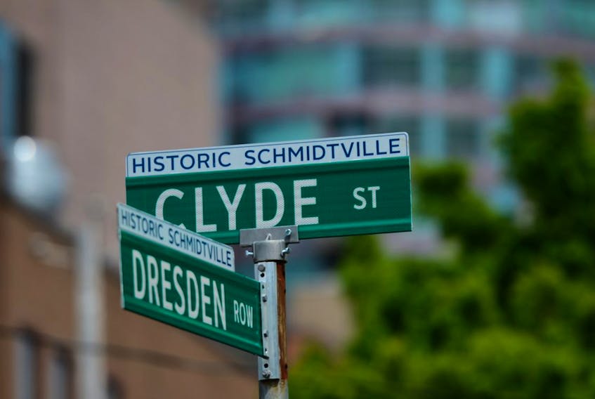 Street signs designate the historic Schmidtville district of Halifax.
