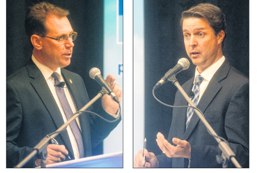 James  Aylward,  left,  and  Brad  Trivers  are  shown  during  the  fourth  and final Progressive Conservative leadership forum, which was held at Rodd 
Brudenell River Resort Sept. 26. The leader will be announced the evening of Friday, Oct. 20.