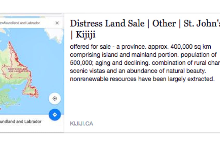 The entire province was posted for sale as "distress land" in a mock Kijiji advertisement this week.