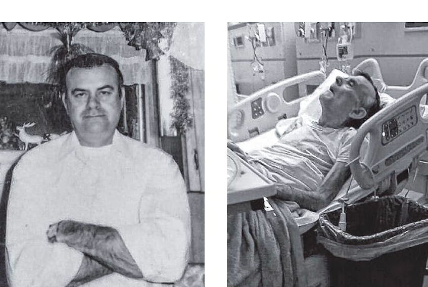Denton Brown, shown in this picture taken during the 1990s, as a healthy man. Right: Brown is shown in October 2017 two days after he was assessed to not qualify for palliative care. He weighed 99 pounds.