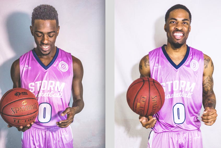 Franklin Session, left, and Roshun Wynne Jr. show the purple jerseys the Island Storm will wear during the Sunday, March 18, game with the Cape Breton Highlanders. Island Storm photos