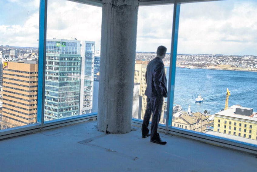 Glen Girard checks out the view from the top floor during a tour on Thursday afternoon of what will be a Sutton Place Hotel inside the Nova Centre. The luxury hotel will have 262 guest rooms and is scheduled to open in spring 2019. RYAN TAPLIN • THE CHRONICLE HERALD