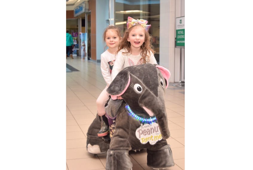 Lylah Kennedy (front) and Mya Bond enjoy a ride on Peanut at the Truro Mall. Peanut is one of the motorized stuffed animals from Stuffy Riders.
