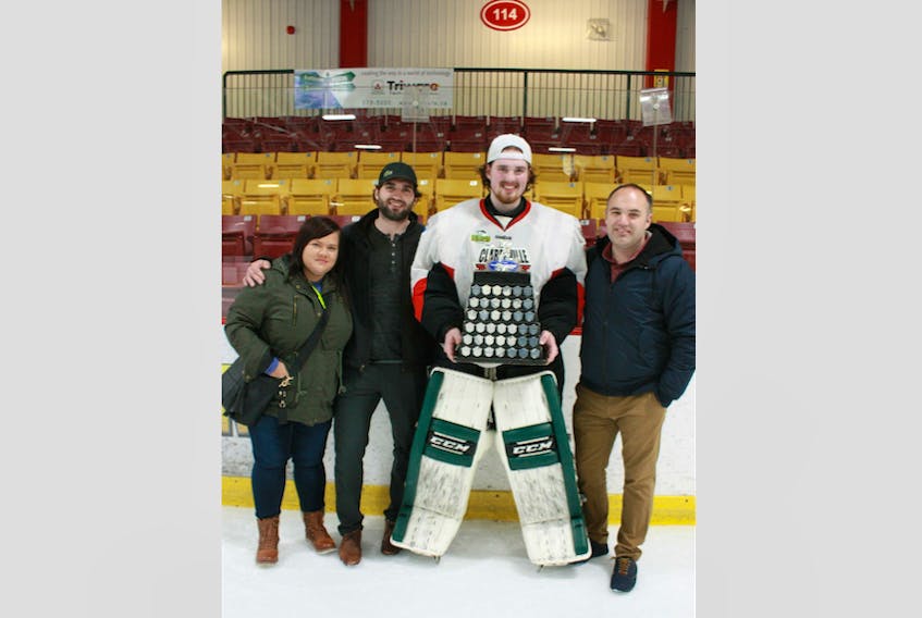 The Whiffen siblings, from left, Nichole, A.J., Tyler and Mark, of Grand Falls-Windsor after Tyler and the Clarenville Ford Caribous won the Herder Memorial Trophy last weekend.