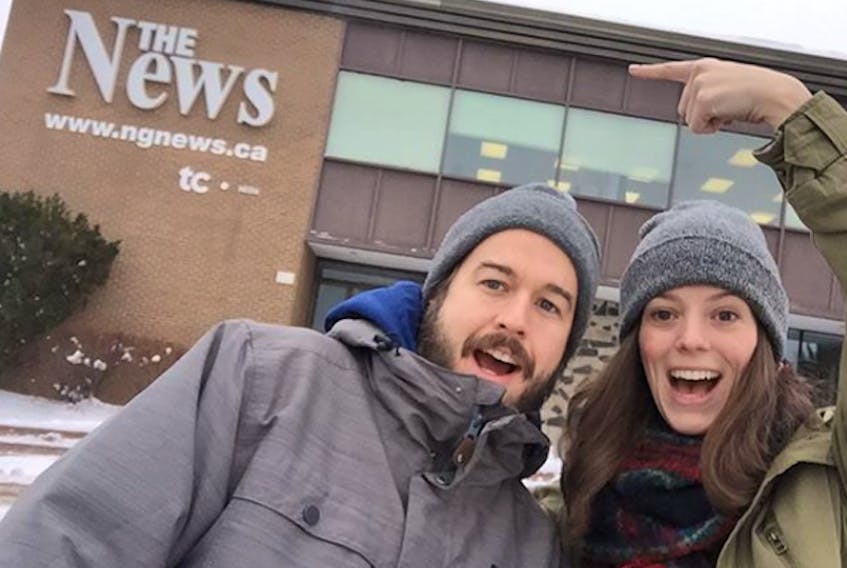 Justin Taylor and Nicole Villeneuve are pictured in front of The News office in New Glasgow. Villeneuve has long been a fan of The News polls and Taylor pulled some strings to use one to propose to her.