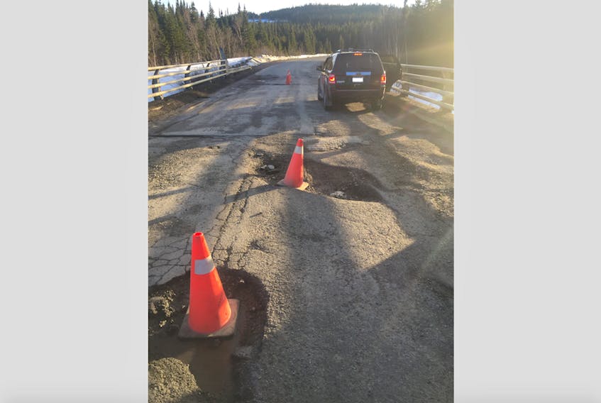 Pylons were placed in the potholes on the highway to La Scie area on the Baie Verte Peninsula.
