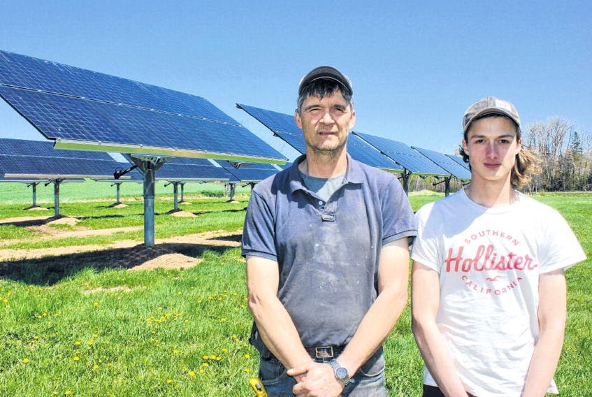 Greg Gerrits and hs son James stand in front of solar panels on the family farm near Canning. The 100 kilowatt system is the largest private system in the Maritimes. IAN FAIRCLOUGH • THE CHRONICLE HERALD